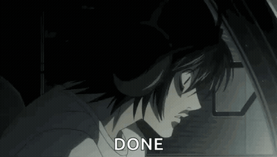 L From Death Note Is Sitting In A Car With His Eyes Closed And The Words `` Done '' Written On His Face . GIF