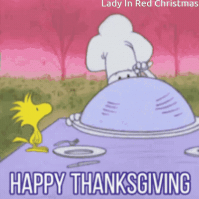 Lady In Red Christmas Wishes Happy Thanksgiving To Snoopy Woodstock And Turkey GIF