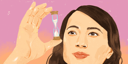 Lady Inspecting Tiny Hourglass GIF