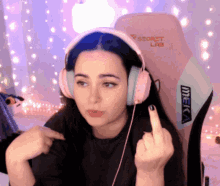 Lady Pink Headset Interacting Flipping Off GIF