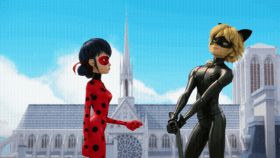 Ladybug And Cat Noir Are Standing In Front Of A Cathedral GIF