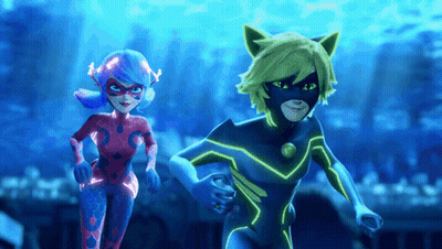 Ladybug And Cat Noir From Miraculous Ladybug Are Running Together GIF