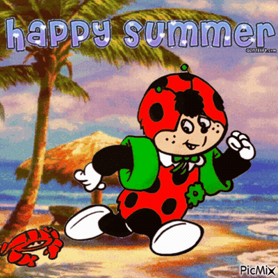 Ladybug On Beach Saying Happy Summer GIF