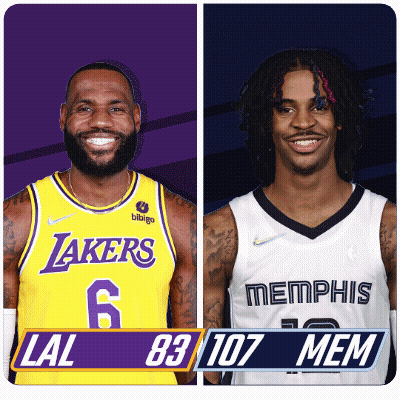 Lakers And Memphis Basketball Players Standing Next To Each Other GIF