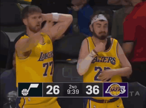 Lakers Basketball Players Next To Scoreboard GIF