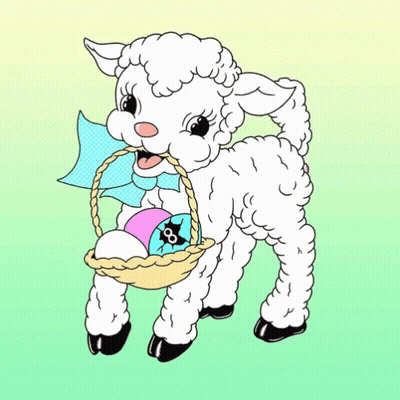 Lamb Holding Easter Basket With Eggs And Black Cat GIF