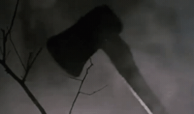 Large Axe Hanging From Tree Branch In Dark Forest GIF