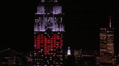 Large Building With Heart Display GIF