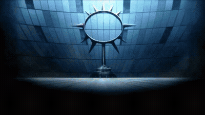 Large Circular Spiked Object In Dark Room GIF