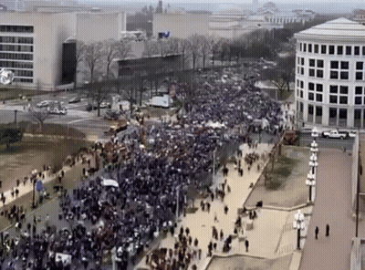 Large Crowd Walking Down Street In Front Of Building GIF