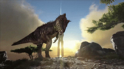 Large Dinosaur Standing In Field With Trees GIF