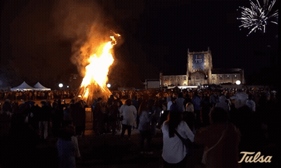 Large Fire In Front Of Building With Tulsa Sign GIF