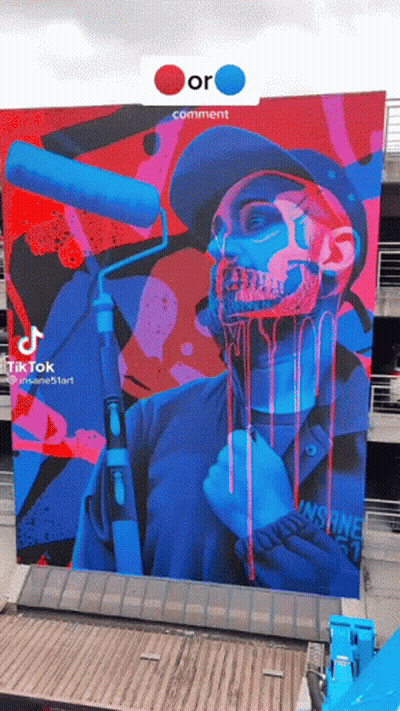 Large Mural Of Man With Skull Painted On Face GIF