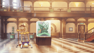 Large Room With Checkered Floor And Aquarium GIF