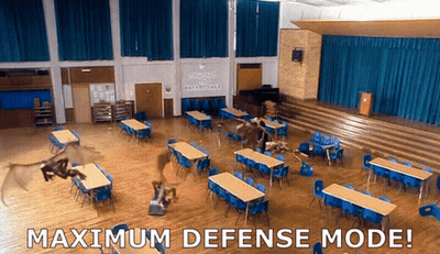 Large Room With Tables And Chairs Maximum Defense Mode GIF