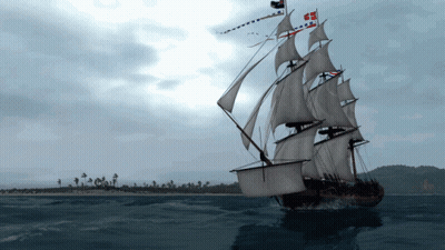 Large Sailboat Floating In Ocean With Island In Distance GIF