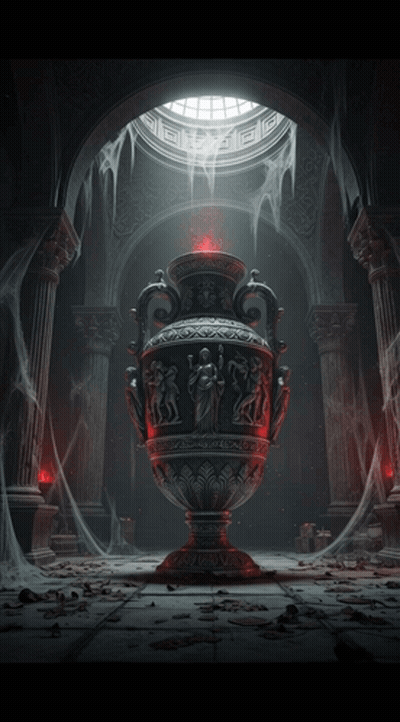 Large Vase Dark Room Columns Spider Webs GIF