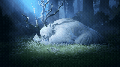 Large White Animal With Antlers Laying In Grass GIF