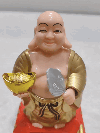 Laughing Buddha Holding Fan And Gold Bar GIF
