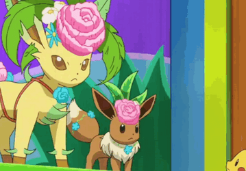 Leafeon With Eevee And Pikachu GIF