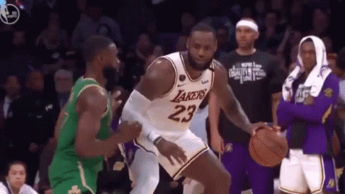 LeBron James Dribbling Basketball Against Green Team GIF