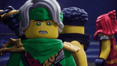 Lego Character With Green Scarf And Sword GIF