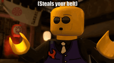 Lego Character With Sunglasses And Purple Vest Steals Your Belt GIF
