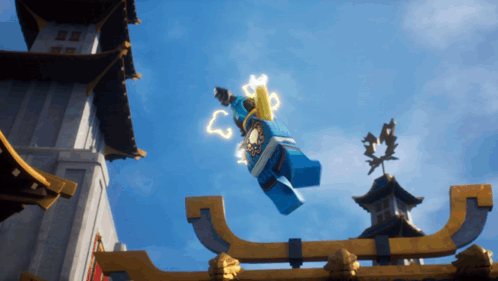 Lego Figure Flying Through Lightning GIF