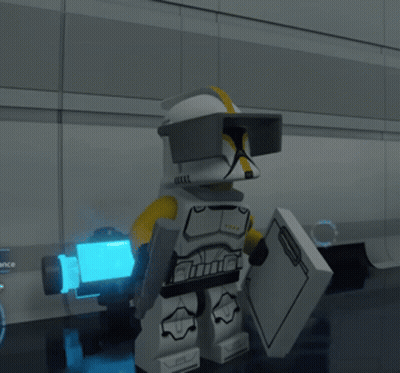 Lego Figure Holding Sword In Front Of Blue Container Saying Resistance GIF