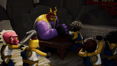 Lego Figures Around Table With Purple Samurai GIF