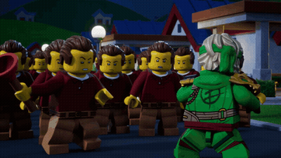 Lego Figures Standing In Front Of Building GIF