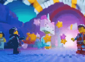 Lego Figures Standing In Front Of Rainbow GIF