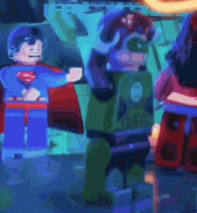 Lego Superman And Green Lantern Standing Together GIF