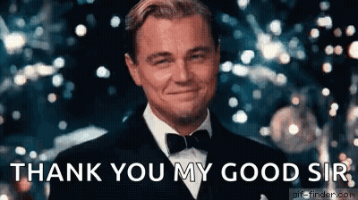 Leonardo Dicaprio Is Wearing A Tuxedo And Bow Tie And Smiling While Saying `` Thank You My Good Sir '' . GIF