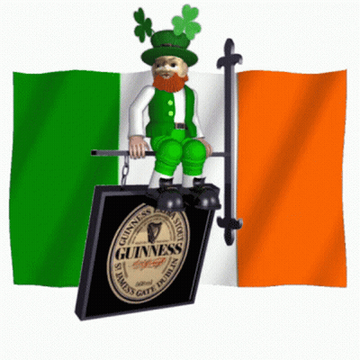 Leprechaun On Guinness Sign With Irish Flag GIF