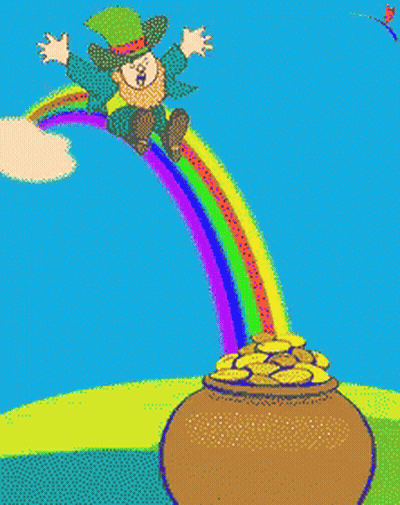 Leprechaun Sitting On Pot Of Gold With Rainbow GIF