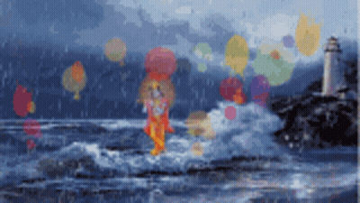 Lighthouse In Ocean With Balloons GIF