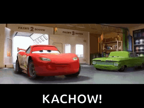 Lightning Mcqueen And A Green Car In A Garage With The Words Kachow Below Them GIF