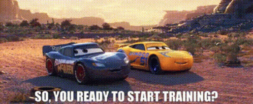 Lightning Mcqueen And Rusteze From The Movie Cars Are Standing Next To Each Other In The Desert . GIF