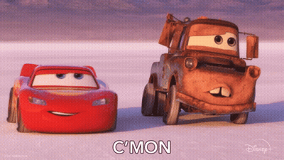 Lightning Mcqueen And Tow Truck Mater From Cars Are Standing Next To Each Other GIF
