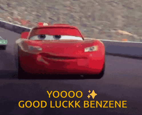 Lightning Mcqueen From Cars Is Driving Down A Race Track And Says Good Luckk Benzene GIF