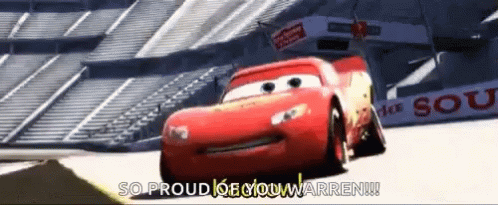 Lightning Mcqueen From Cars Is Driving On A Race Track And Says So Proud Of You Warren !!! GIF