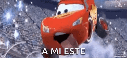 Lightning Mcqueen From Cars Is Flying Through The Air With The Words `` A Mi Este '' Written Below Him . GIF