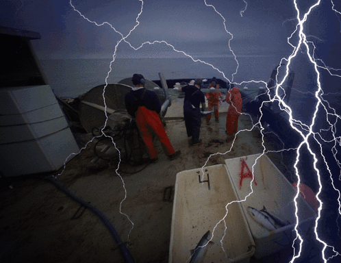 Lightning Strikes A Group Of People On A Boat With Boxes Of Fish In The Foreground GIF