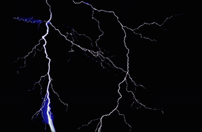 Lightning Strikes In A Dark Sky With A White Light Coming Out Of The Center GIF