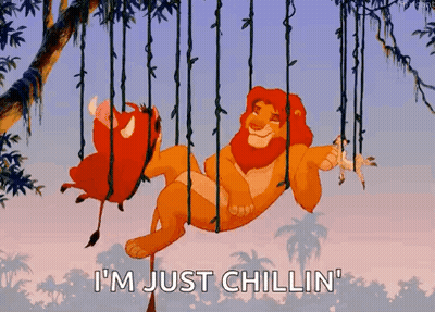 Lion And Baboon Swinging From Tree Saying I'm Just Chillin GIF