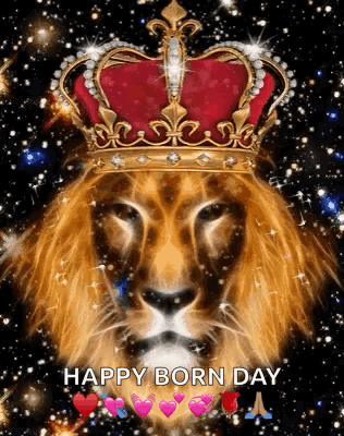 Lion Wearing Crown With Words Happy Born Day GIF
