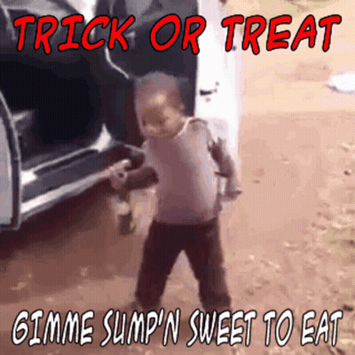 Little Boy Dancing In Front Of Car Trick Or Treat Gimme Sumpin Sweet To Eat GIF