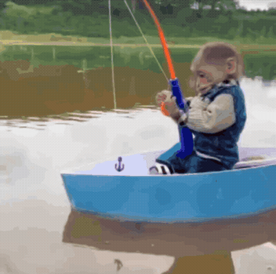 Little Boy Fishing In Small Boat GIF