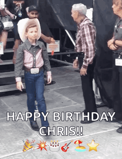 Little Boy In Cowboy Outfit Walking On Stage Saying Happy Birthday Chris GIF